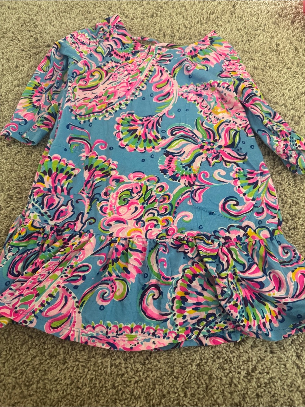 Lilly Pulitzer Girls Blue Dress with Pink, Green and Yellow Paisley Print